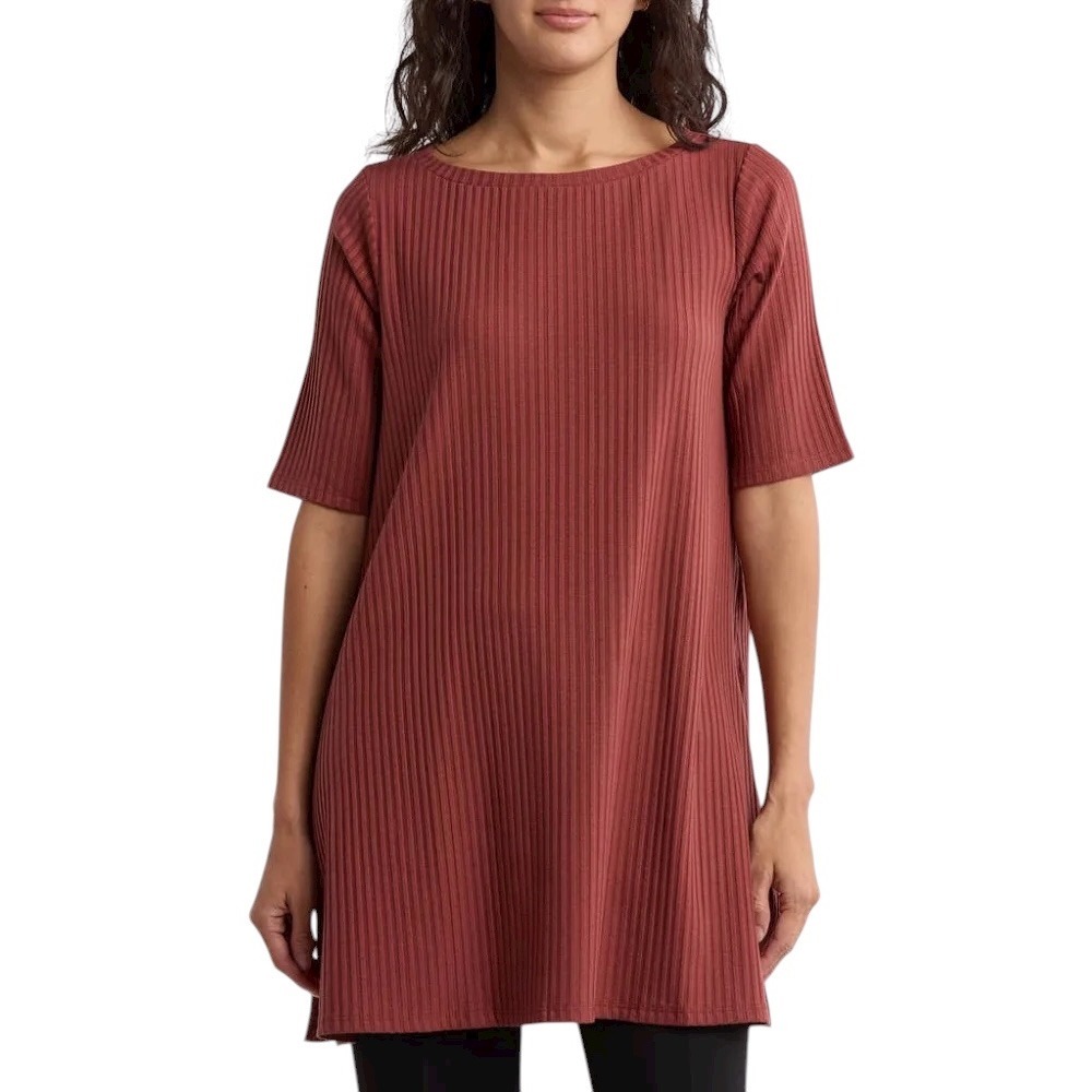Eileen Fisher Rustic Red Ribbed Bateau Neck Minimalist Stretchy Tunic Top XXS